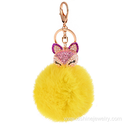 Rhinestone Fox Charm Rabbit Fur Ball Keychain For Women Bag